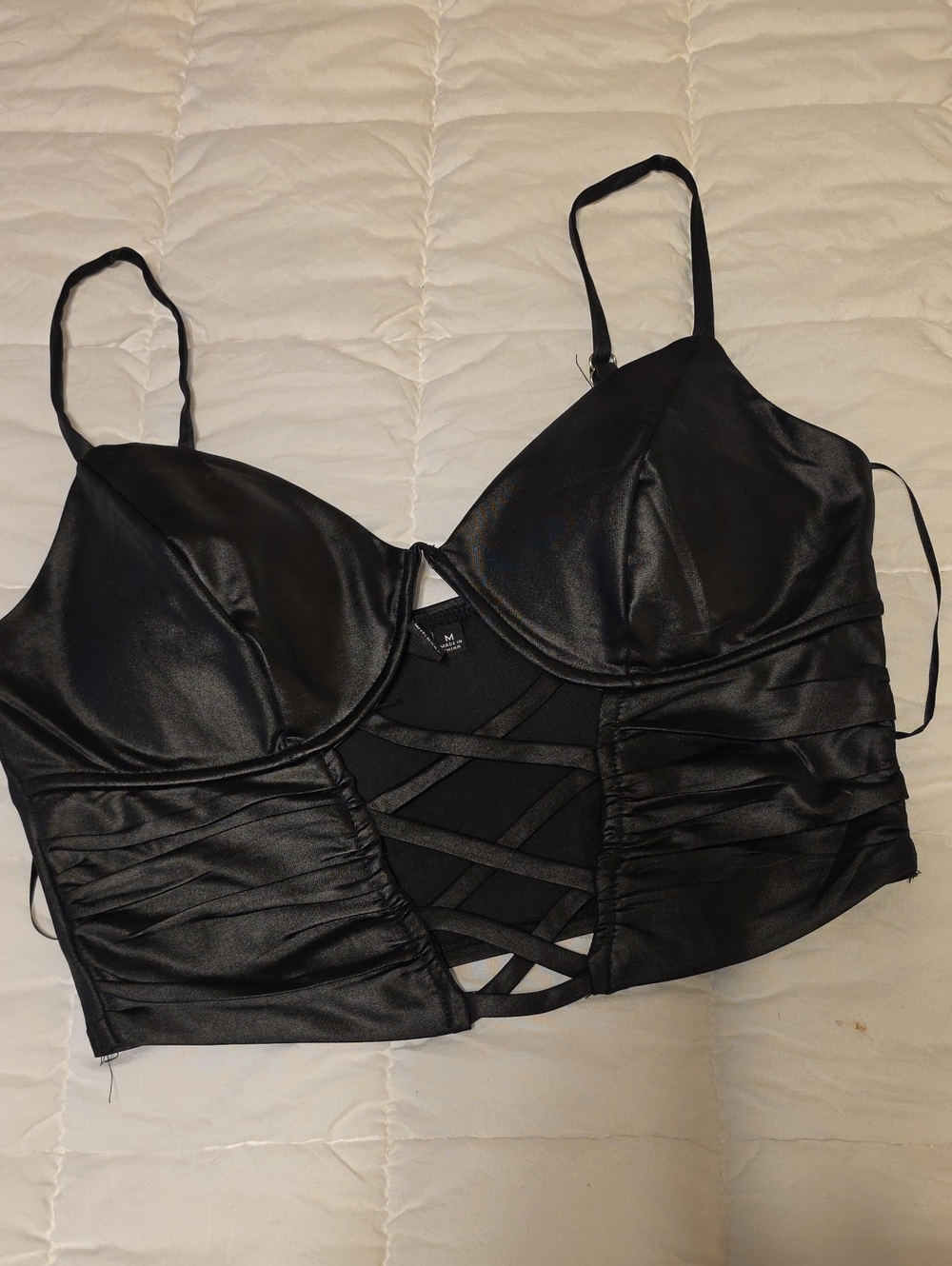Windsor Black Satin Bustier Crop Top with Crisscross Detail